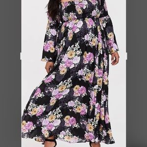 BLACK FLORAL CHALLIS OFF SHOULDER MAXI DRESS